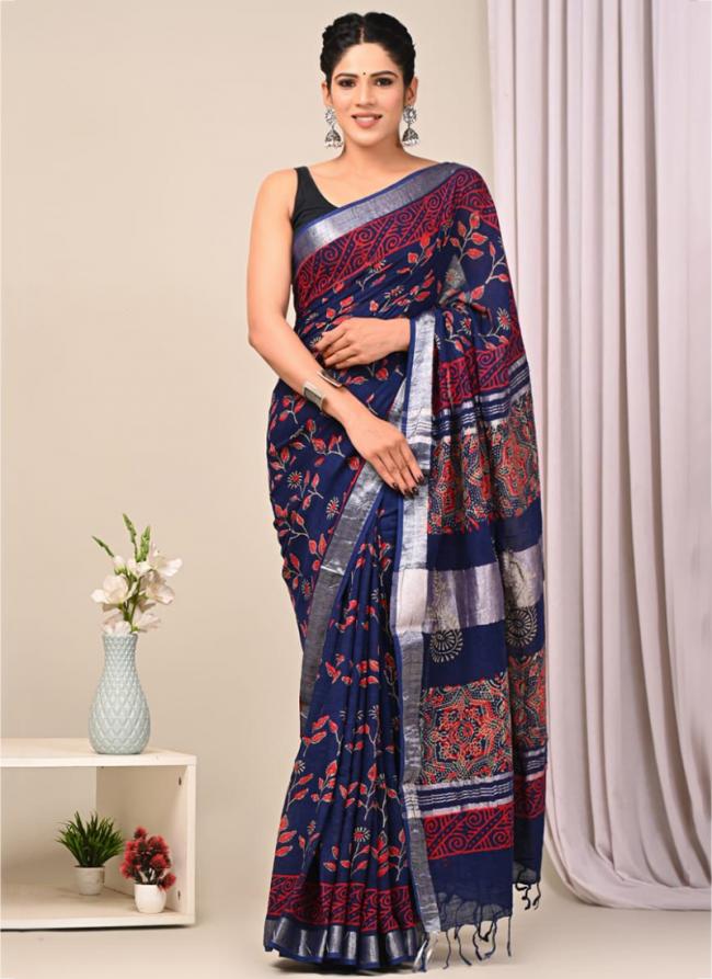 Cotton  Blue Daily Wear Printed Saree